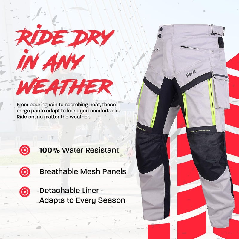 HWK Waterproof Motorcycle Cargo Pants, Durable Motorcycle Riding Pants with CE Armor and Multiple Pockets, Machine Washable Hi-Vis Polyester Moto Gear for Men - Silver, Waist 30"-32", Inseam 32" - Image 4